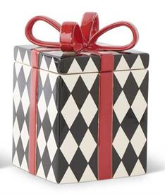 -:CHECKERED BLACK & WHITE CERAMIC GIFT BOX WITH RED BOW. 9" TALL                                                                            