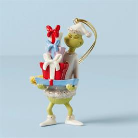 -,THE GRINCH WITH ALL THE GIFTS ORNAMENT. 4.25" TALL, 1.75" WIDE. MSRP $80.00                                                               