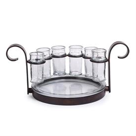 -:FIESTA TEQUILLA SET IN ANTIQUE BROWN. INCLUDES TRAY, SIX GLASSES & METAL STAND. 14.25" LONG 6.25" TALL, 9" DEEP                           