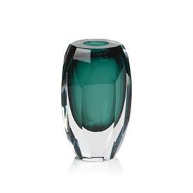 -:AMAN EMERALD GLASS VASE. 6.5" TALL, 4.75" WIDE, 3.5" LONG                                                                                 