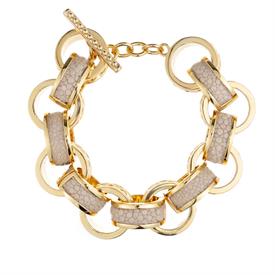 -:LOLA BEADED LINK BRACELET IN 18K YELLOW GOLD PLATE & CORAL SHAGREEN INLAY. 7.5" LONG                                                      