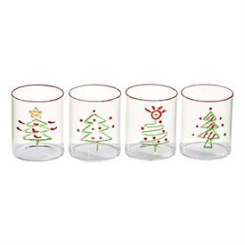 -,SET OF 4 CHRISTMAS TREE TUMBLERS, ASSORTED STYLES. HAND DECORATED. 3" WIDE, 4" TALL, 8 OZ. CAPACITY. HAND WASH                            