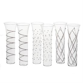 -,SET OF 6 SILVER ACCENT 'RAZZLE DAZZLE' STEMLESS CHAMPAGNE FLUTES. HAND DECORATED. 2.25" WIDE, 6.75" TALL, 6 OZ. CAPACITY. HAND WASH       