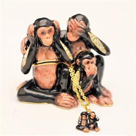 -SEE NO EVIL, HEAR NO EVIL, SPEAK NO EVIL MONKEYS TRINKET BOX WITH MATCHING NECKLACE. 2.5" TALL, 2.6" WIDE. 20" CHAIN                       