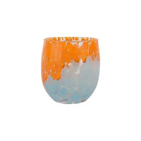 -ORANGE & LIGHT BLUE DOUBLE OLD FASHIONED GLASS. 3.5" TALL, 10 OZ. CAPACITY                                                                 