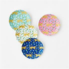 -:SET OF 4 LEOPARD MELAMINE 6" SNACK PLATES BY PATTY RYBOLT, ASSORTED COLORS. DISHWASHER SAFE. DO NOT MICROWAVE                             