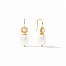 -,FLORA EARRINGS. 24K GOLD PLATED FLORETS WITH GLASS PEARL CABOCHONS & NATURAL FRESHWATER PEARL DROPS. 1.15" LONG                           