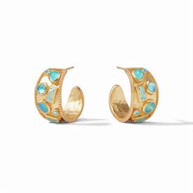 -,MOSAIC HOOP EARRINGS IN IRIDESCENT BAHAMIAN BLUE. 24K GOLD PLATED HOOPS WITH GLITTERING GLASS GEMS. 1" LONG                               