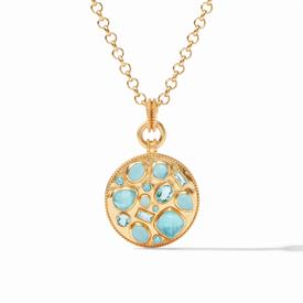 -,ANTONIA MOSAIC PENDANT NECKLACE. 24K GOLD PLATED PENDANT WITH GLASS GEMSTONES. PENDANT MEASURES 1.55" LONG. CHAIN CAN BE WORN 36" OR 18"  