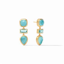 -,ANTONIA TIER EARRING IN IRIDESCENT BAHAMIAN BLUE. 24K GOLD PLATED EARRINGS WITH FACETED GLASS GEMSTONES. 1.3" LONG                        
