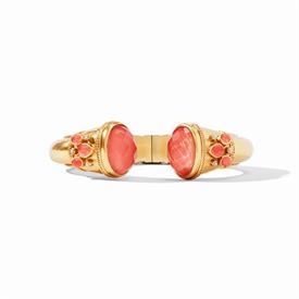 -,CANNES CUFF IN IRIDESCENT CORAL. 24K GOLD PLATED HINGED CUFF WITH GLASS GEMSTONES & FRESHWATER PEARLS. ONE SIZE.                          
