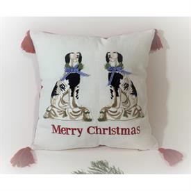 -16" STAFFORDSHIRE DOGS 'MERRY CHRISTMAS' PILLOW WITH TASSELS, ART BY DEBI VINCENT.                                                         