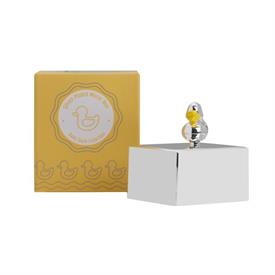 -,BABY DUCK MUSIC BOX. SILVER PLATED. 2.25" LONG, 2" WIDE, 2.25" TALL. PLAYS 'BRAHMS LULLABY'.                                              
