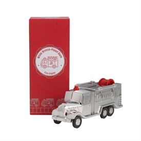 -,BABY FIRE ENGINE MONEY BANK. WHITE BRONZE PLATED. 7" LONG, 2.25" WIDE, 2.75" TALL                                                         