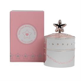 -,BABY PINK STAR MUSICAL TRINKET BOX. NICKEL PLATED. 2.75" WIDE, 4" TALL. PLAYS 'TWINKLE TWINKLE LITTLE STAR'                               