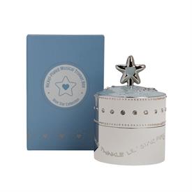-,BABY BLUE STAR MUSICAL TRINKET BOX. NICKEL PLATED. 2.75' WIDE, 4" TALL. PLAYS 'TWINKLE TWINKLE LITTLE STAR'.                              