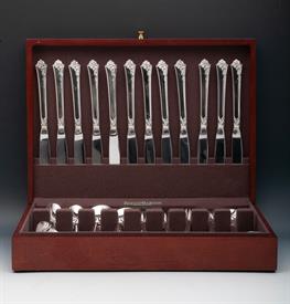 ,.67 Piece Box Set Service for 12 Place Size Modern Damask Rose Oneida Sterling Silver Flatware Weight: 90 troy ounces                      
