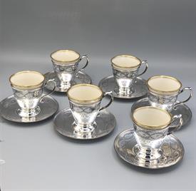 ,6 DEMITASSE CUPS AND SAUCERS, STERLING SILVER WITH LENOX LINERS. #18705B. 25.44OZT. CA 1907-1947. TOTAL HEIGHT 2.75", 4.25" WIDTH W/ SAUCER