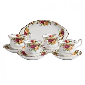 -9-PIECE COMPLETER SET. HAND WASH. INCLUDES 4 CUPS AND SAUCERS & 1 TRAY.                                                                    