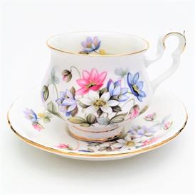'RAPTURE' TEACUP & SAUCER SET FROM THE DEBUTANTE SERIES. SHELLEY / DAINTY SHAPE TEACUP. 3.5" DIA., 4.25" W, 2.75" H. CA. 1966-1970'S.       