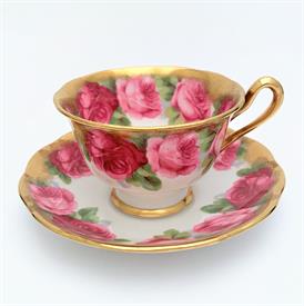 ,1950'S UNMARKED 'OLD ENGLISH ROSE' TEA CUP & SAUCER IN THE AVON SHAPE WITH HEAVY GOLD TRIM.                                                