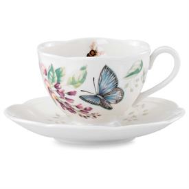 -BLUE BUTTERFLY CUP & SAUCER. 8 OZ. CAPACITY. DISHWASHER & MICROWAVE SAFE. BREAKAGE REPLACEMENT AVAILABLE. MSRP $40.00                      