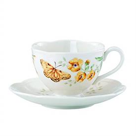 -FRITILLARY CUP & SAUCER. 8 OZ. CAPACITY. DISHWASHER & MICROWAVE SAFE. BREAKAGE REPLACEMENT AVAILABLE. MSRP $40.00                          