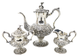 ,3pc Demitasse Tea Set, Cofee pot 9.5", cream pitcher 4", sugar bowl 3.5", weighs 38.67 troy ounces                                         