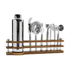 -BLISS 8-PIECE BAR TOOL SET. INCLUDES SHAKER, CAP LIFTER, BAR KNIFE, STRAINER, MUDDLER, DOUBLE JIGGER, ICE TONGS & WOOD STAND. STAINLESS    